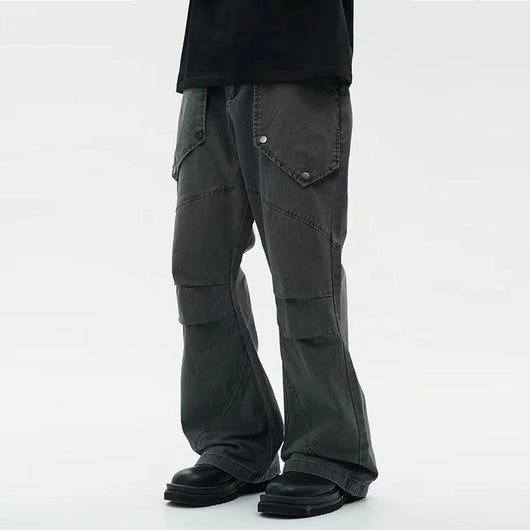 Pantalones Sueltos Efecto Lavado Negro con Bolsillos Grandes y Bota Acampanada