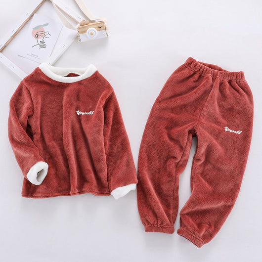 Reddish-brown coral velvet children's loungewear set with a long-sleeved top and matching pants, featuring white trim. - Image 11
