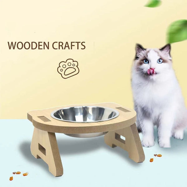 Comedero Doble para Gatos de Madera con Protección Cervical y Tazones Antivuelco