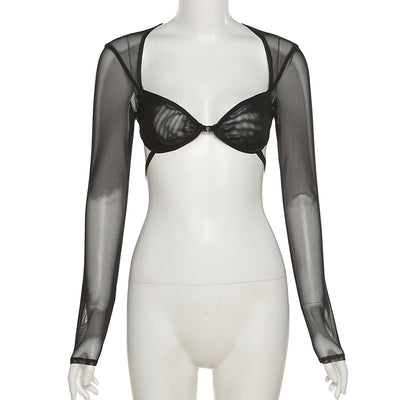 Blusa Entallada de Manga Larga con Escote Cuadrado y Malla Transparente - Image 11
