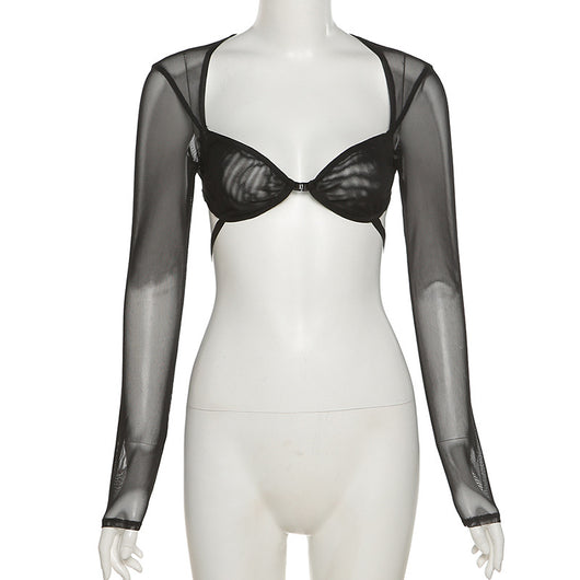 Blusa Entallada de Manga Larga con Escote Cuadrado y Malla Transparente - Image 11