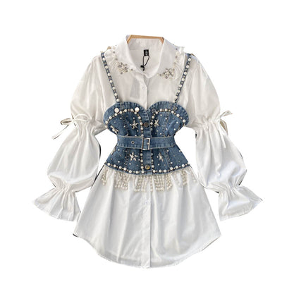 Conjunto Dos Piezas: Blusa Manga Abullonada con Detalles de Perlas y Chaleco Sling con Borlas - Image 6
