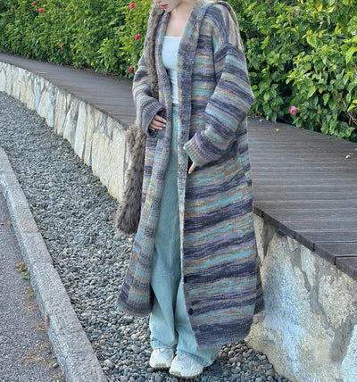 Cardigan Largo Tejido a Rayas con Capucha - Estilo Desenfadado - Image 12