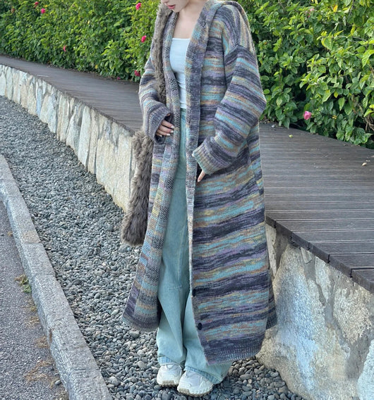 Cardigan Largo Tejido a Rayas con Capucha - Estilo Desenfadado - Image 12