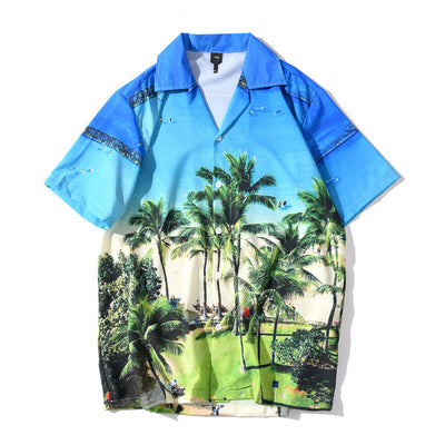 Camisa Casual de Manga Corta con Estampado 3D Playa