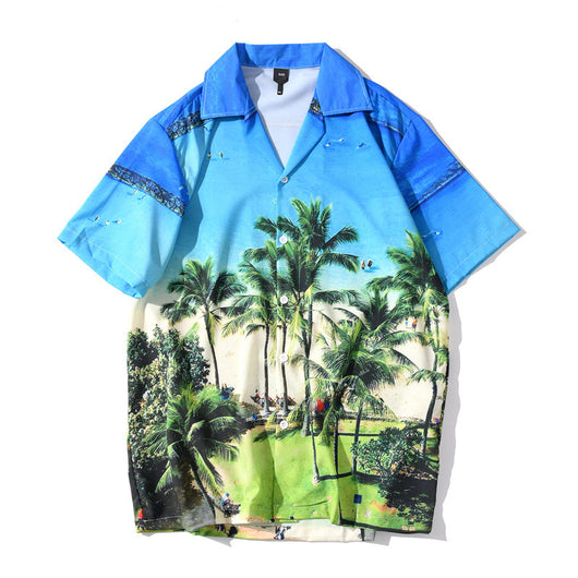Camisa Casual de Manga Corta con Estampado 3D Playa