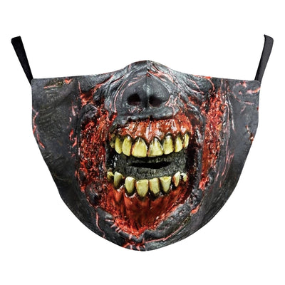 Red textured Halloween face mask with a grotesque skin design, prominent nose, and open mouth, featuring black ear loops. - Image 20