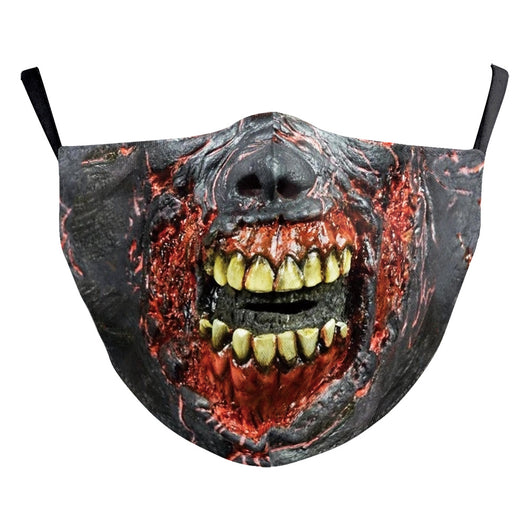 Red textured Halloween face mask with a grotesque skin design, prominent nose, and open mouth, featuring black ear loops. - Image 20