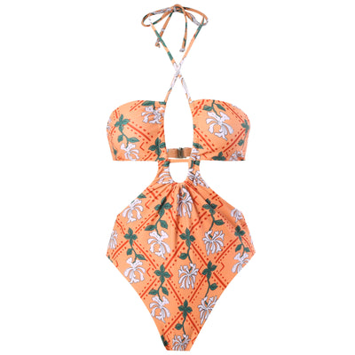 Dark green floral one-piece swimsuit with halter neck, bandeau top, cut-outs, and matching sheer sarong. - Image 10