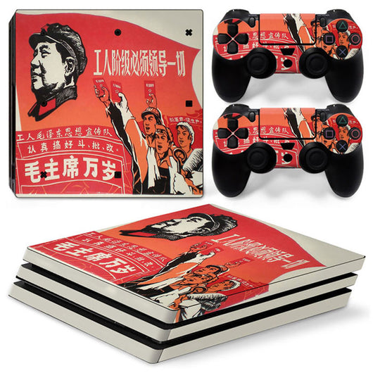 PS4 Pro console and controller skin set with red and beige propaganda art featuring Mao Zedong. - Image 9