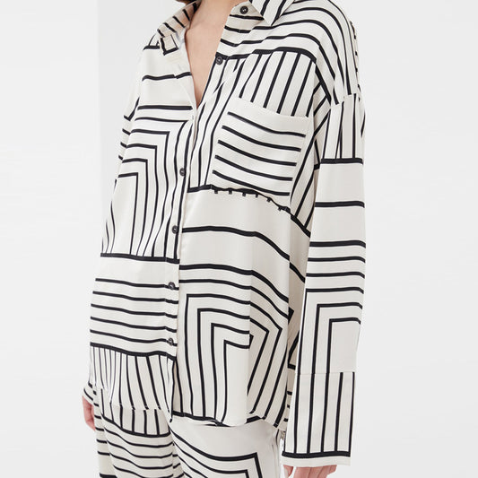 Conjunto de Dos Piezas: Blusa Satinada con Estampado Europeo y Americano para Mujer