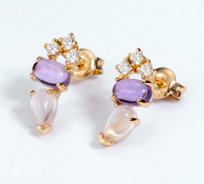 Aretes de Plata 925 Chapados en Oro 9K con Gota Geométrica y Piedra de Color - Image 16