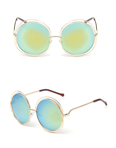 Round metal cutout sunglasses with silver mirrored lenses and a double-rimmed frame, shown from front and angled views. - Image 7