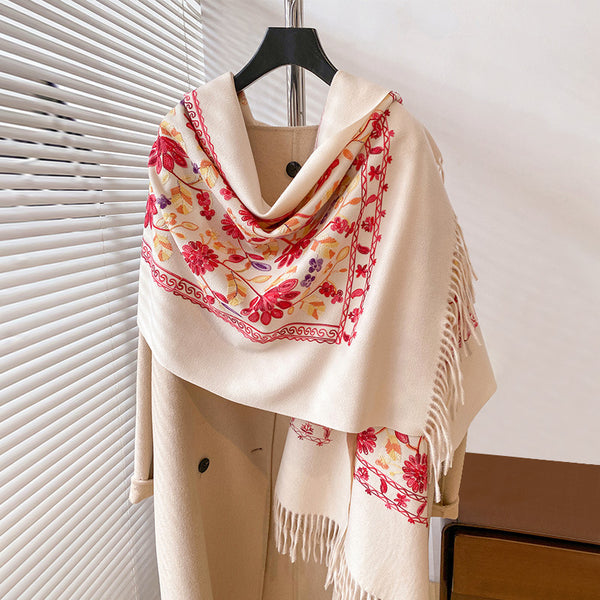 Chal de Cachemira Otoño Invierno con Bordado Floral Étnico Retro Artístico