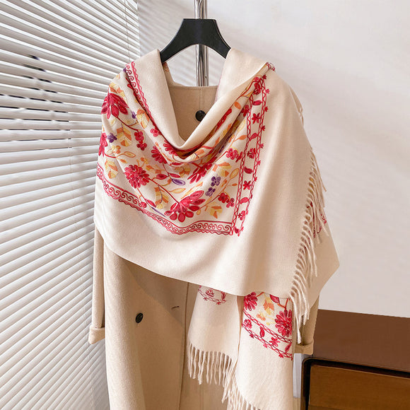 Chal de Cachemira Otoño Invierno con Bordado Floral Étnico Retro Artístico