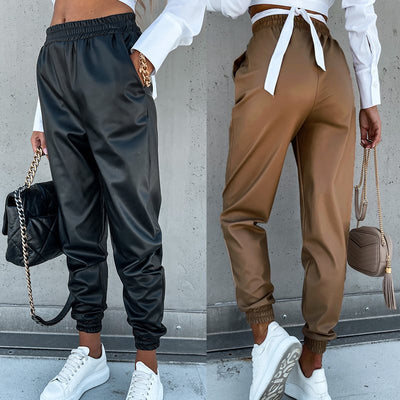 Pantalones de Cuero Casuales Midi para Mujer con Bolsillos - Image 11