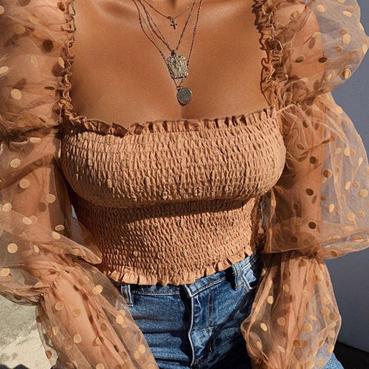 Blusa Elegante de Malla con Mangas Abullonadas y Hombros Descubiertos - Image 13