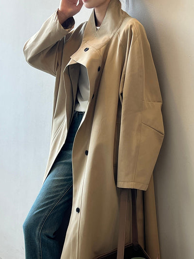 Abrigo Trinchera Largo Mujer Cuello Alzado Oversized Abotonado Simple - Image 22