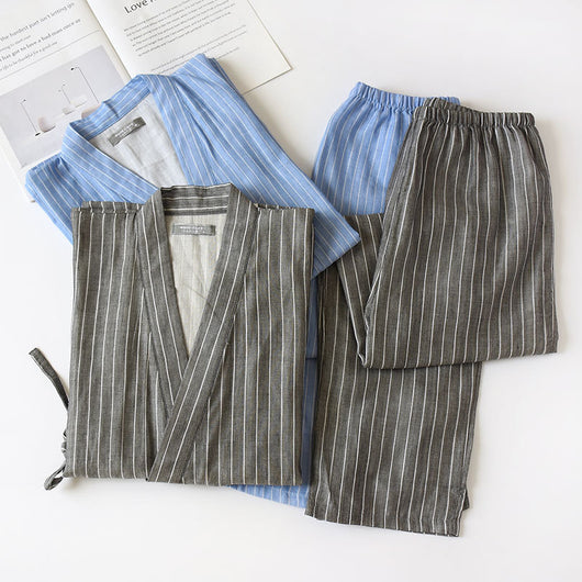 Pijama Doble Capa de Algodón a Rayas con Cordones Estilo Japonés - Image 2