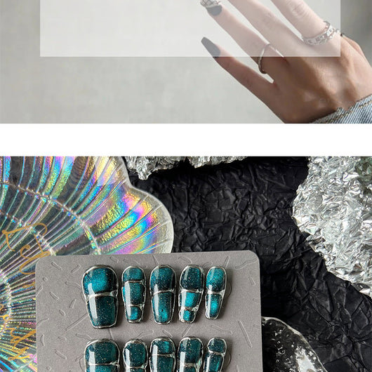 Uñas Postizas Diseño Gato Ojos de Gato Cielo Estrellado Azul con Removedor UV - Image 11
