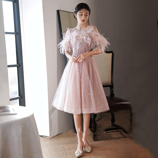 Vestido de Noche Elegante con Plumas Estilo Francés Premium