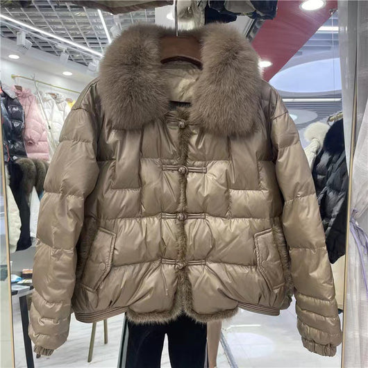 Chaqueta Térmica de Plumón de Pato Blanco con Cuello de Piel - Image 3