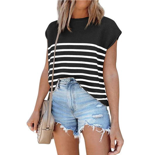 Blusa Casual de Cuello Redondo con Rayas y Manga Corta - Image 3