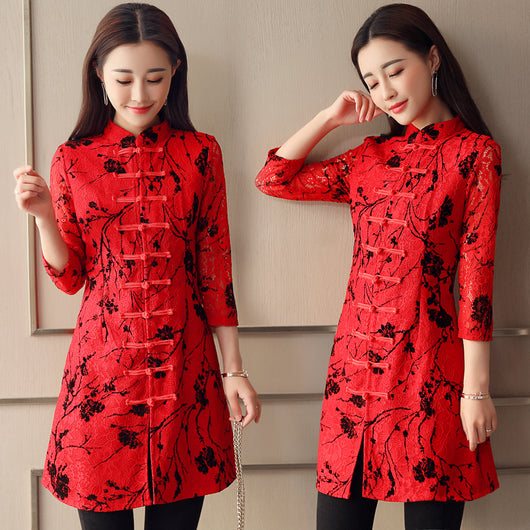 Blusa Cheongsam con Encaje - Falda Elegante Estilo Asiático