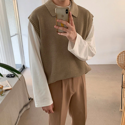 Suéter Tejido Cuello V Holgado para Hombre - Chaleco Versátil Color Sólido - Image 11