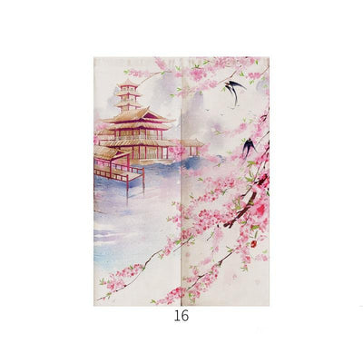 Japanese style noren door curtain with two red and blue Ukiyo-e koi fish on a cream wave pattern background. - Image 17