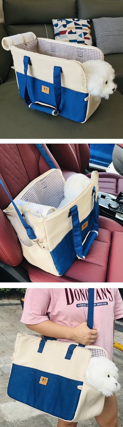 Two-tone beige and brown canvas pet carrier bag with mesh top and a small white dog peeking out. - Image 8