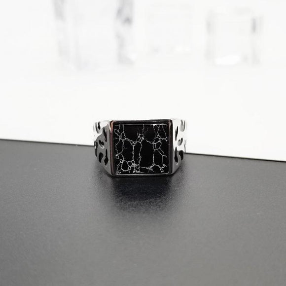 Anillo de Plata 925 Vintage para Hombre con Piedra Negra y Patrón Floral Ajustable