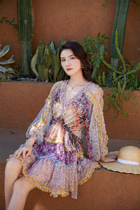 Vestido Largo Floral con Cintura Ajustada y Mangas Farol - Image 13
