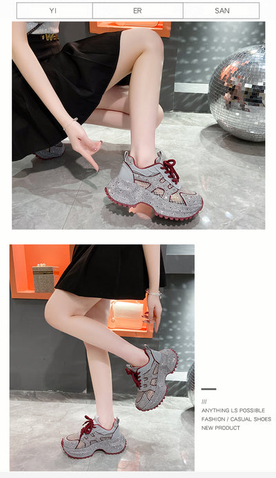 Zapatillas Deportivas Plataforma Gruesa para Mujer con Brillo y Cristales - Amarillo Claro - Image 68