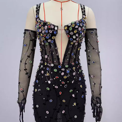Vestido de Malla Elegante con Cristales Brillantes y Cintura Ajustada - Image 4