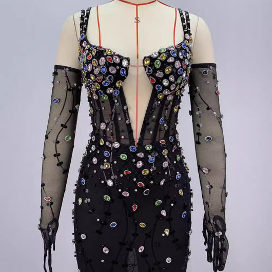 Vestido de Malla Elegante con Cristales Brillantes y Cintura Ajustada - Image 4