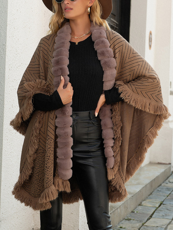 Poncho Capa Suéter de Lujo con Cuello de Lana y Borlas para Otoño e Invierno