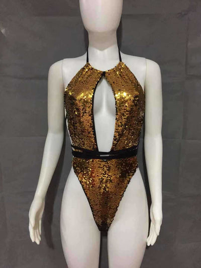 Traje de Baño Enterizo con Lentejuelas y Cuello Halter Ajustable - Image 2