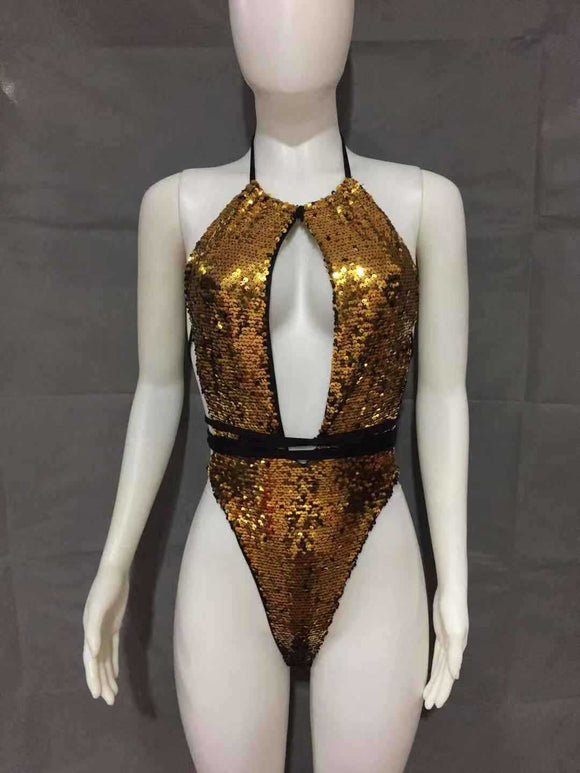 Traje de Baño Enterizo con Lentejuelas y Cuello Halter Ajustable