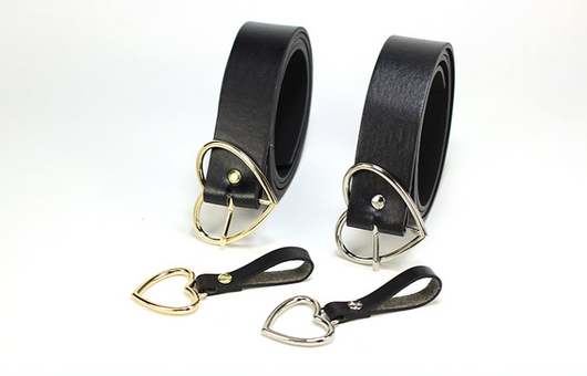 Black imitation leather belt with a silver heart-shaped pin buckle and a dangling silver heart charm. - Image 6