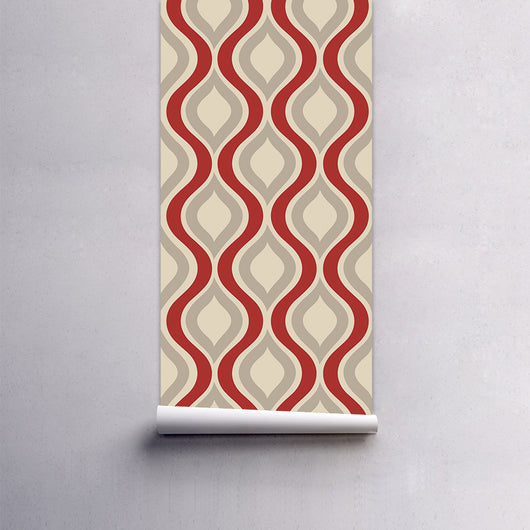 Red, beige, and grey retro wavy pattern self-adhesive wallpaper roll partially unrolled on a light grey wall. - Image 7