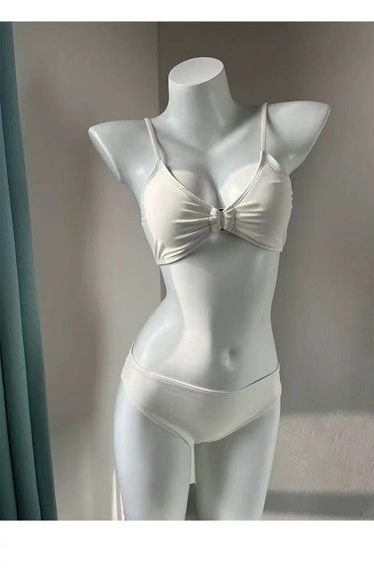 White four-piece bikini swimsuit set for women, featuring a long-sleeve tie-front top and tiered ruffle skirt. - Image 14