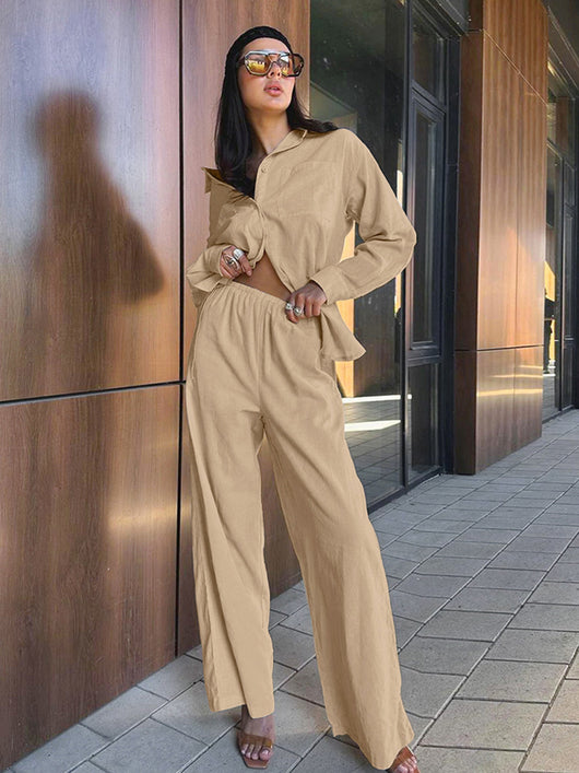 Conjunto Casual Khaki de Lino y Algodón - Camisa y Pantalón Ancho Estilo Urbano para Mujer - Image 16