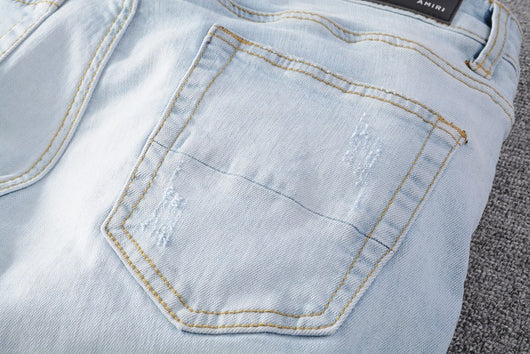 Pantalones Jeans Slim Fit Azul Claro Rotos con Parches para Hombre - Image 7