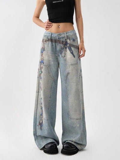 Pantalones Anchos Estilo Retro Americano con Estampado 3D Lavado - Image 11