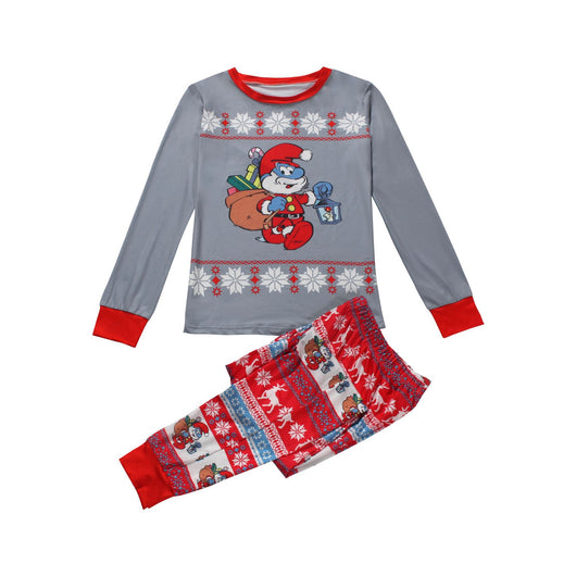Gray and red Smurf Christmas pajama set with long-sleeved top and matching pants, featuring snowflake and reindeer prints. - Image 6