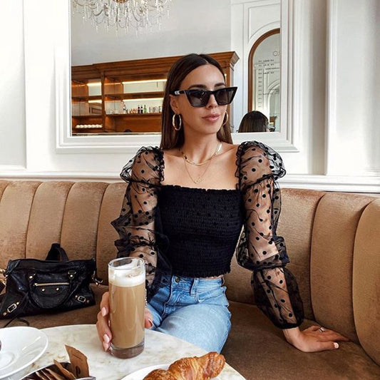 Blusa Elegante de Malla con Mangas Abullonadas y Hombros Descubiertos - Image 2