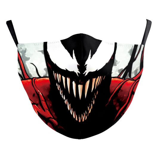 Blue face mask with a printed design of a face featuring red lips and a dark blue nose, with black ear loops. - Image 6