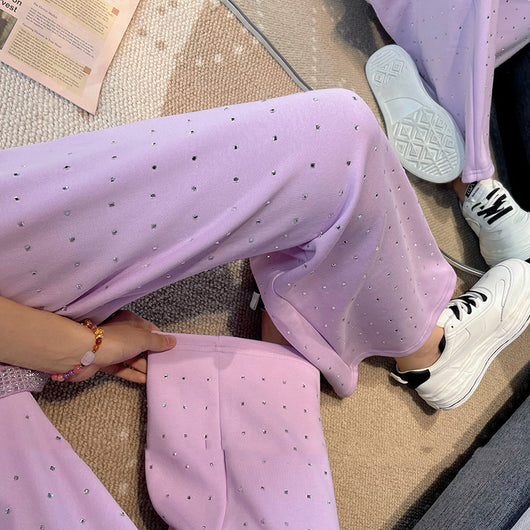 Pantalones Palazzo Morado con Diamantes, Cintura Alta y Talle Ancho - Image 7