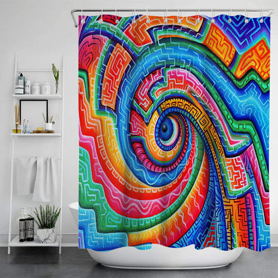 Vibrant psychedelic shower curtain with an abstract digital print featuring an elephant head and cannabis leaves in bright colors. - Image 28